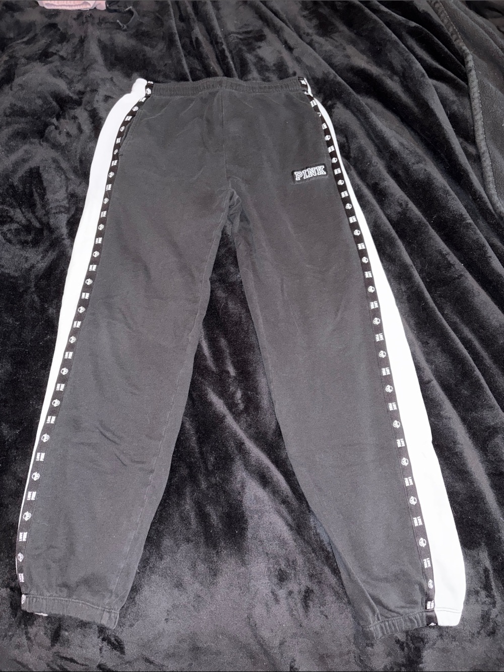 PINK Victoria's Secret Black Sweatpants with White Side Panels and Logo Tape